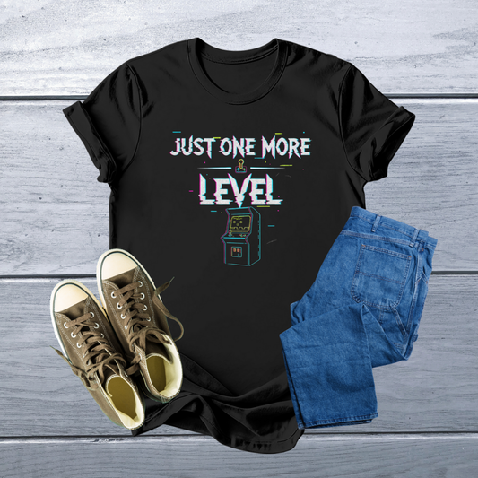 Retro Gamer 'Just One More Level' T-Shirt | Glitch Art Arcade Tee in Customizable Colors & Sizes