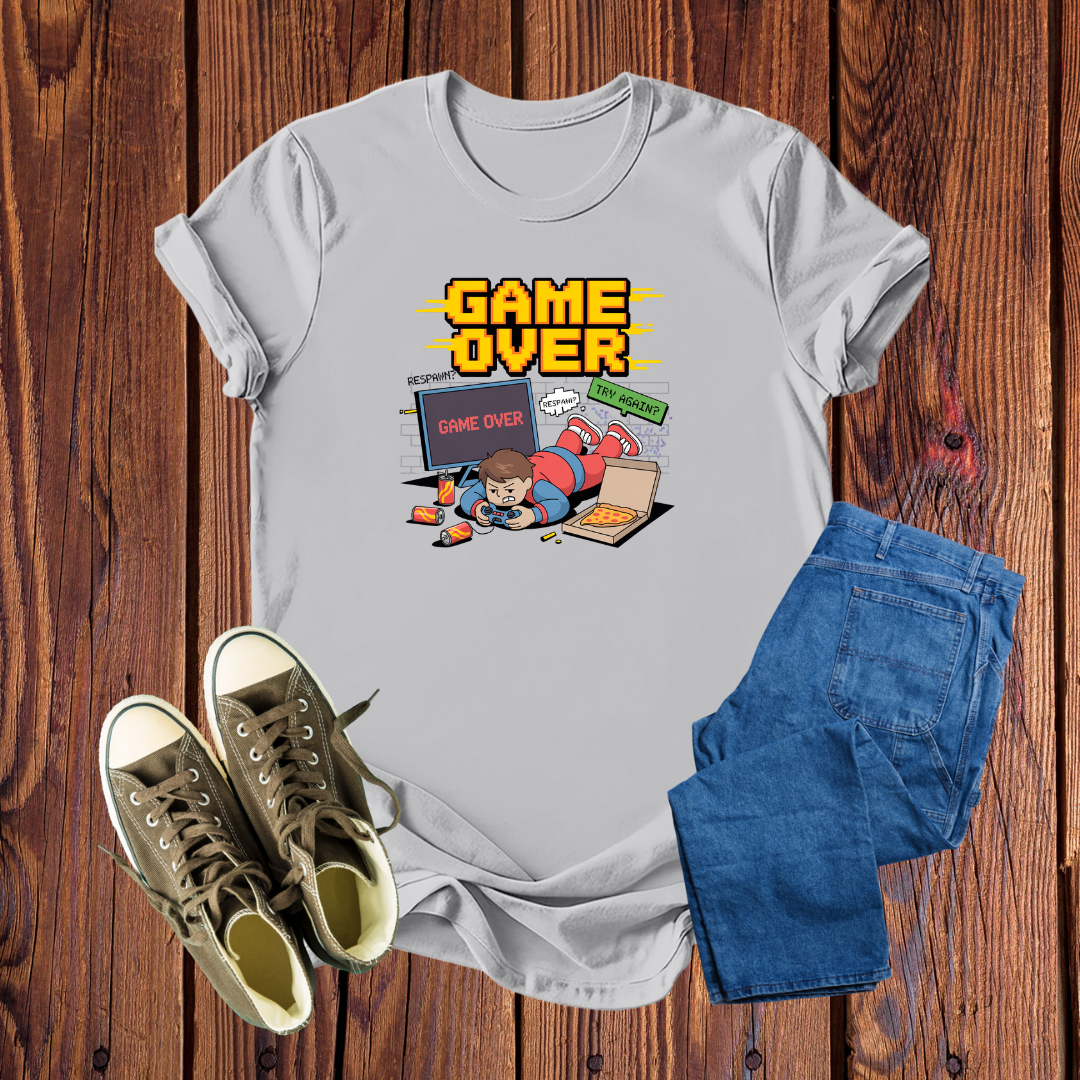 Camiseta Gamer 'Game Over' Pixel Art – Estampa Retrô Exclusiva, Confortável e Divertida
