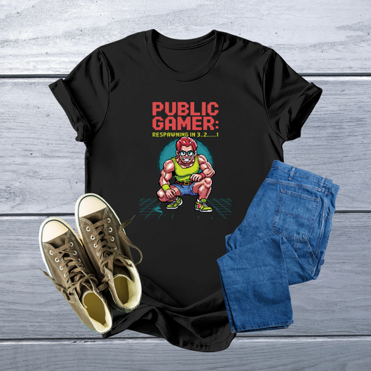 Pixel Art Gamer T-Shirt: 'Public Gamer: Respawning in 3..2....1' | Retro Style, Soft & Customizable Tee