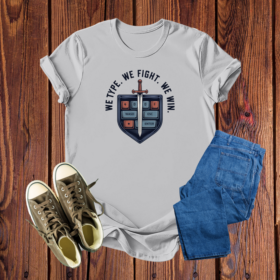 Camiseta Gamer Premium – Escudo de Teclado e Espada, Design Exclusivo para Conquistadores Digitais