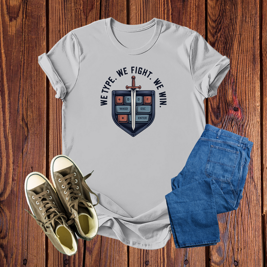 Camiseta Gamer Premium – Escudo de Teclado e Espada, Design Exclusivo para Conquistadores Digitais