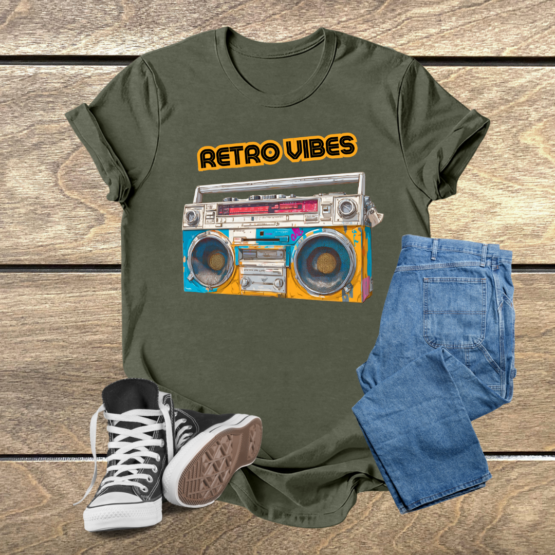 Camiseta Retrô Boombox Graffiti – Reviva a Nostalgia com Estilo Urbano e Emojis Divertidos!