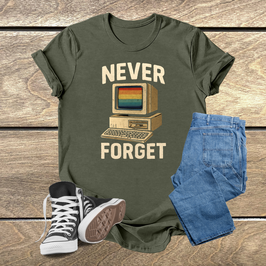 Camiseta Unissex 'Never Forget' com PC Retrô e Cores Vibrantes - Estilo Vintage e Conforto Duradouro