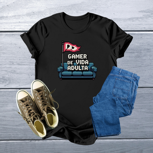 Camiseta Geek - "Gamer de Vida Adulta" Pixel Art T-Shirt | Soft, Customizable, Comfortable Fit
