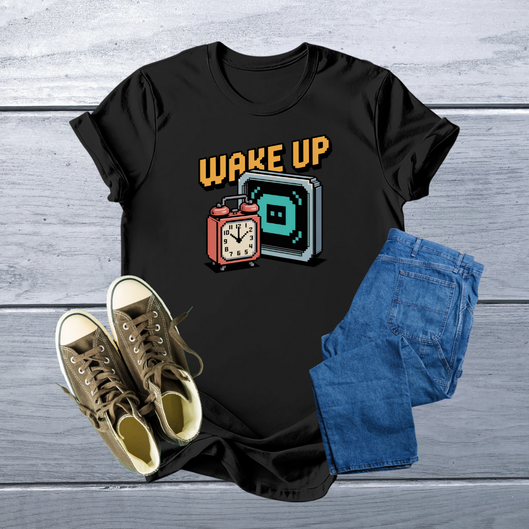 Retro Pixel Art "Wake Up" T-Shirt | Iconic 8-Bit Design, Soft & Customizable Tee