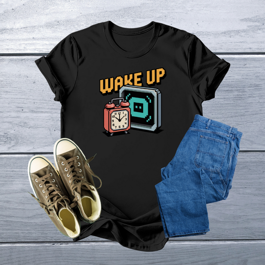 Retro Pixel Art "Wake Up" T-Shirt | Iconic 8-Bit Design, Soft & Customizable Tee