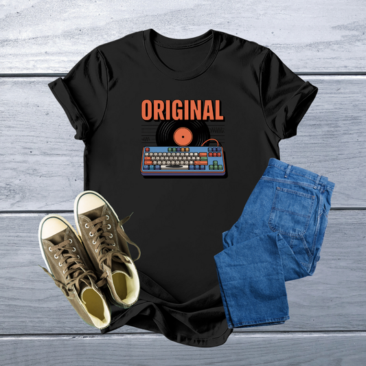 Retro 'Original' Geek T-Shirt: Vintage Keyboard & Vinyl Design | Soft, Customizable Fit in Multiple Colors