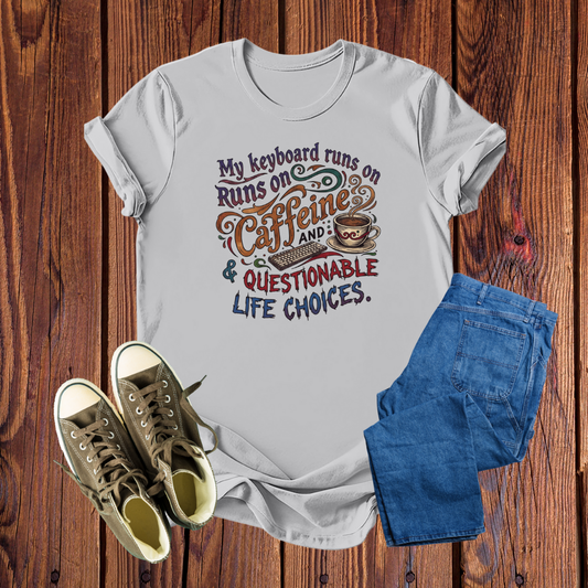 Camiseta Premium 'My Keyboard Runs on Caffeine' – Estampa Vibrante, Conforto Inigualável para Coders e Amantes de Café