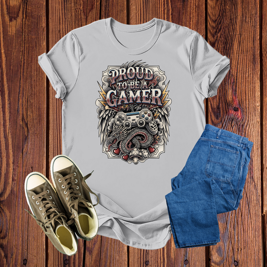 Camiseta Gamer Premium – 'Proud to be a Gamer' Estampa Exclusiva com Dragão e Controle, Conforto e Estilo em Diversas Cores