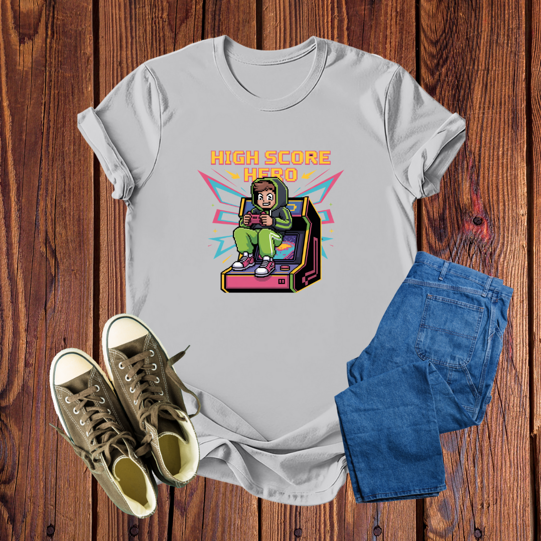 Camiseta Premium 'High Score Hero' – Estilo Retrô Gamer, Conforto Inigualável para Jogadores