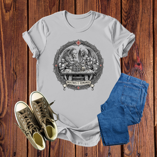 Camiseta Premium Monstros e Humanos: Estampa Épica de RPG, Confortável e Cheia de Estilo para Gamers