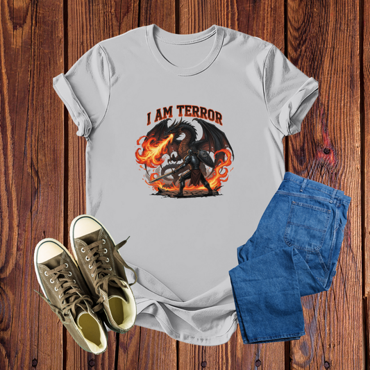 Camiseta Premium 'I Am Terror' – Design de Dragão e Cavaleiro Épico, Conforto Imbatível para Jogadores e Fãs