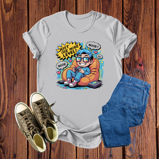 Camiseta Premium Gamer Retro – Estampa Exclusiva 'Just One More Level', Conforto Máximo para Suas Aventuras Digitais