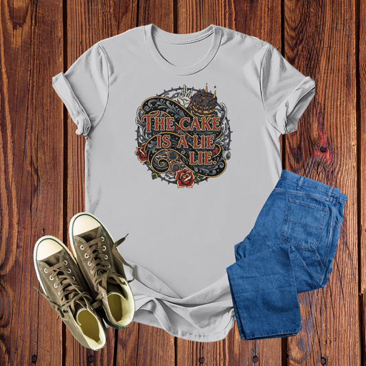 Camiseta Premium 'The Cake Is A Lie' – Estampa Gótica Gamer, Confortável e Impressionante em Diversas Cores