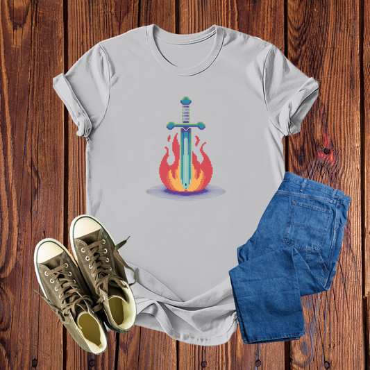 Camiseta Pixel Art Espada Flamejante – Estilo Retrô Confortável, Vibrante e Exclusivo