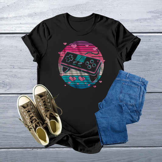 Neon Gamer Vibes T-Shirt | Retro 404 Fun Not Found Tee with Pixel Hearts – Soft, Customizable Fit for Geeks