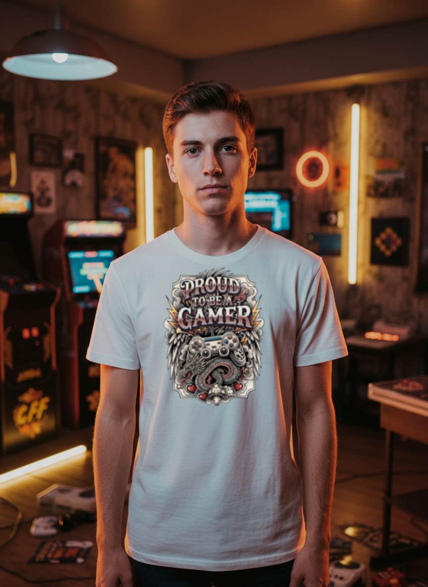 Camiseta Gamer Premium – 'Proud to be a Gamer' Estampa Exclusiva com Dragão e Controle, Conforto e Estilo em Diversas Cores