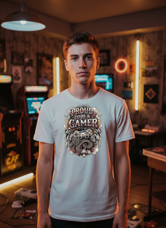 Camiseta Gamer Premium – 'Proud to be a Gamer' Estampa Exclusiva com Dragão e Controle, Conforto e Estilo em Diversas Cores