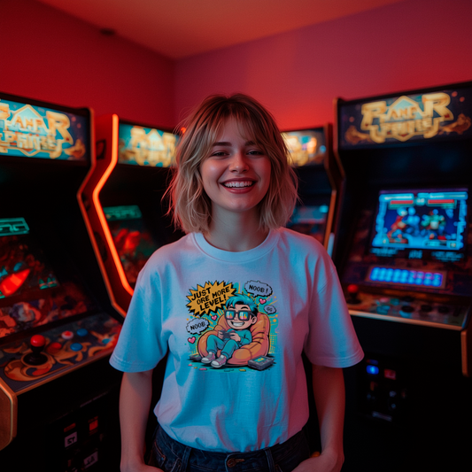 Camiseta Premium Gamer Retro – Estampa Exclusiva 'Just One More Level', Conforto Máximo para Suas Aventuras Digitais