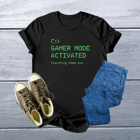 Gamer Mode Activated T-Shirt | Retro Pixel Green Text Tee for Tech Enthusiasts